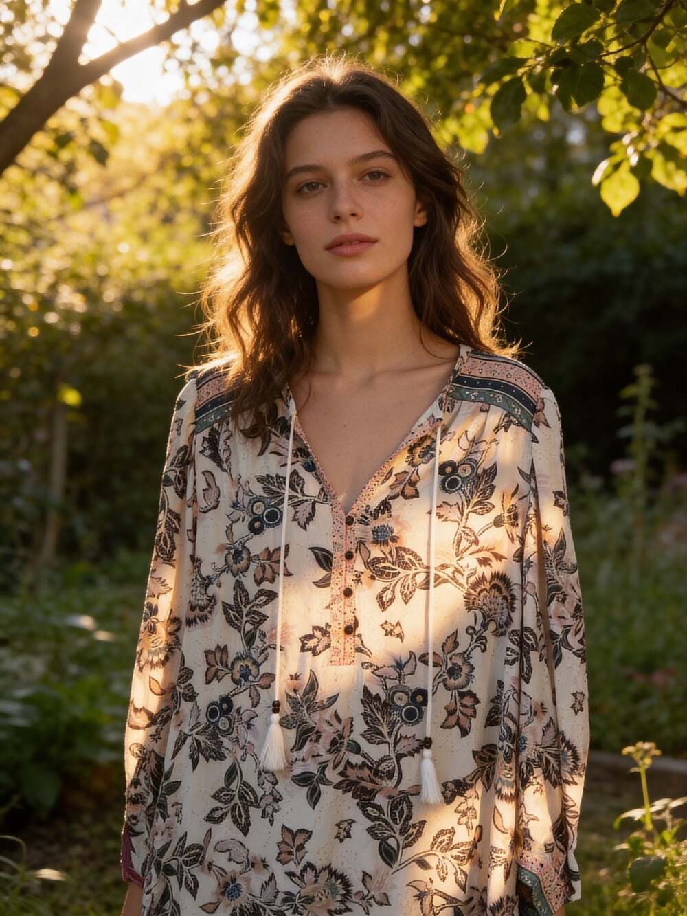 Good Hart Floral Print Tassel Tie Neck Blouse Size L Boho
